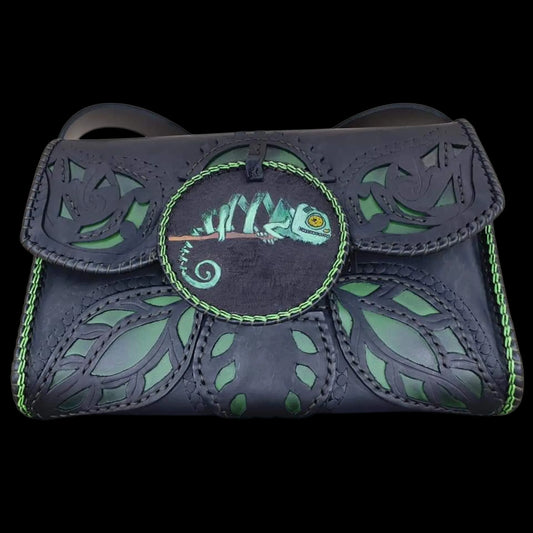 Handmade black leather bag with an embroidered chameleon and green details - AG Design, Arad, Romania