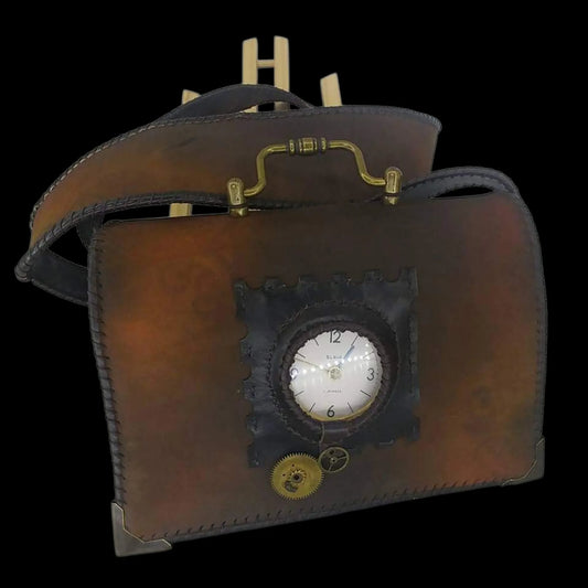 Handmade brown leather bag with a watch and stud details - AG Design, Arad, Romania