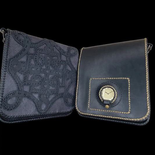 Handmade dark leather bag with an integrated clock and sun-ray engraving - AG Design, Arad, Romania