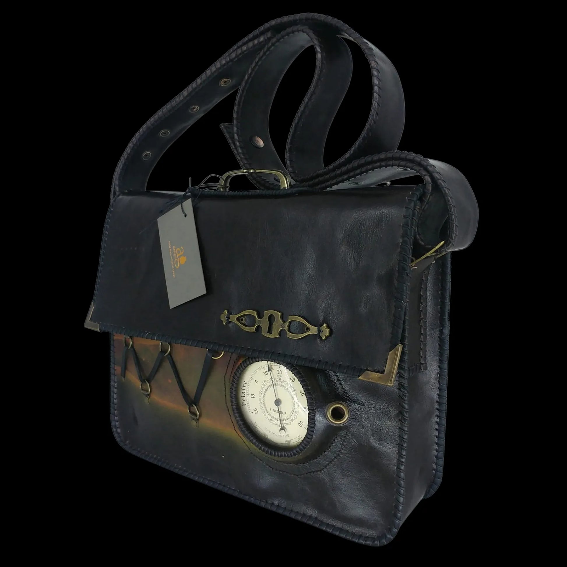 Handmade dark leather flap bag with an embossed clock motif - AG Design, Arad, Romania