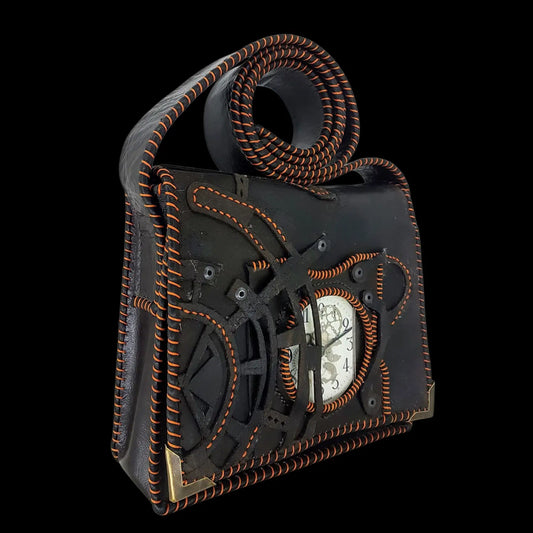Handmade dark leather bag with a painted clock figure - AG Design, Arad, Romania