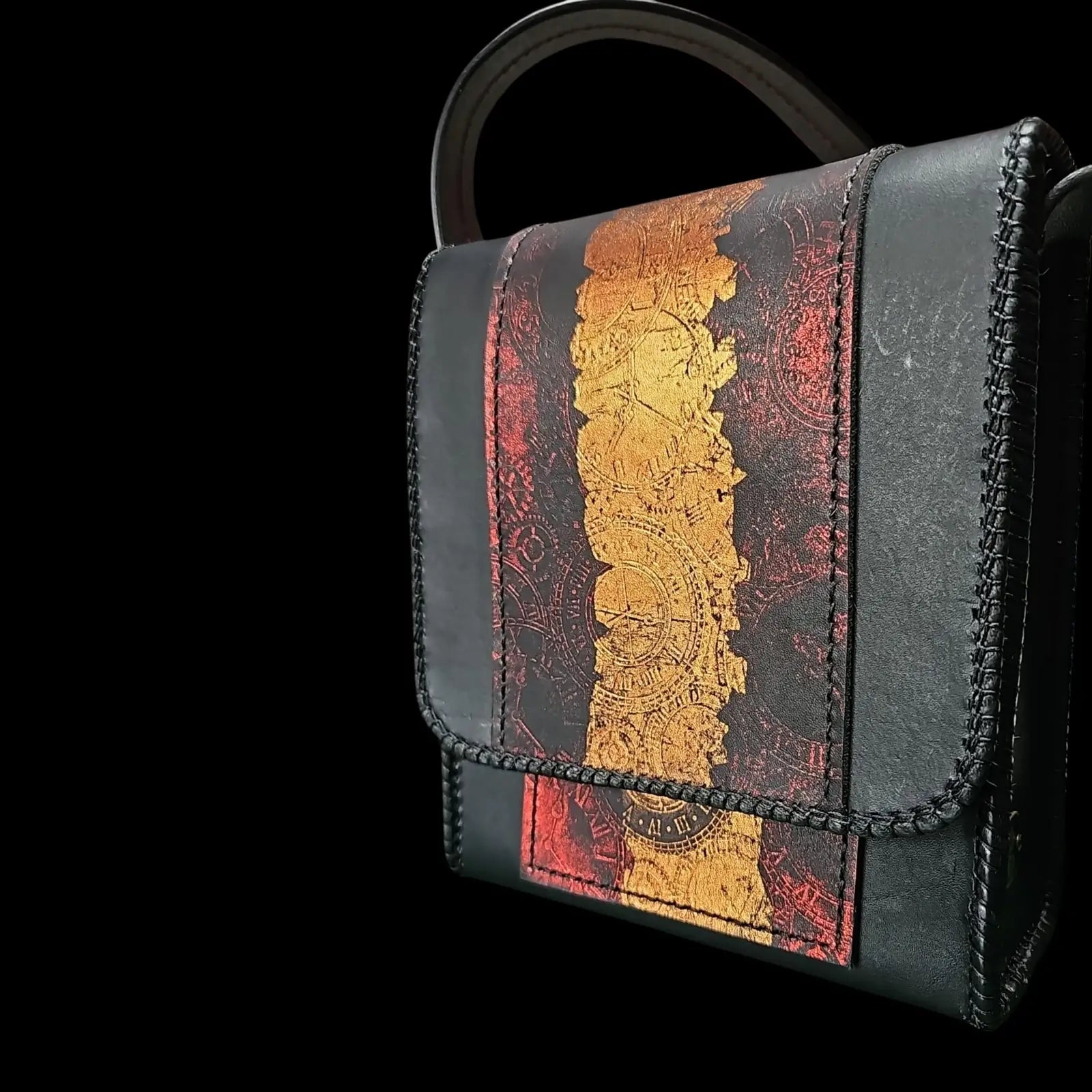 Handmade black leather shoulder bag with a red and gold clock mechanism embossed by heat and pressure - AG Design, Arad, Romania