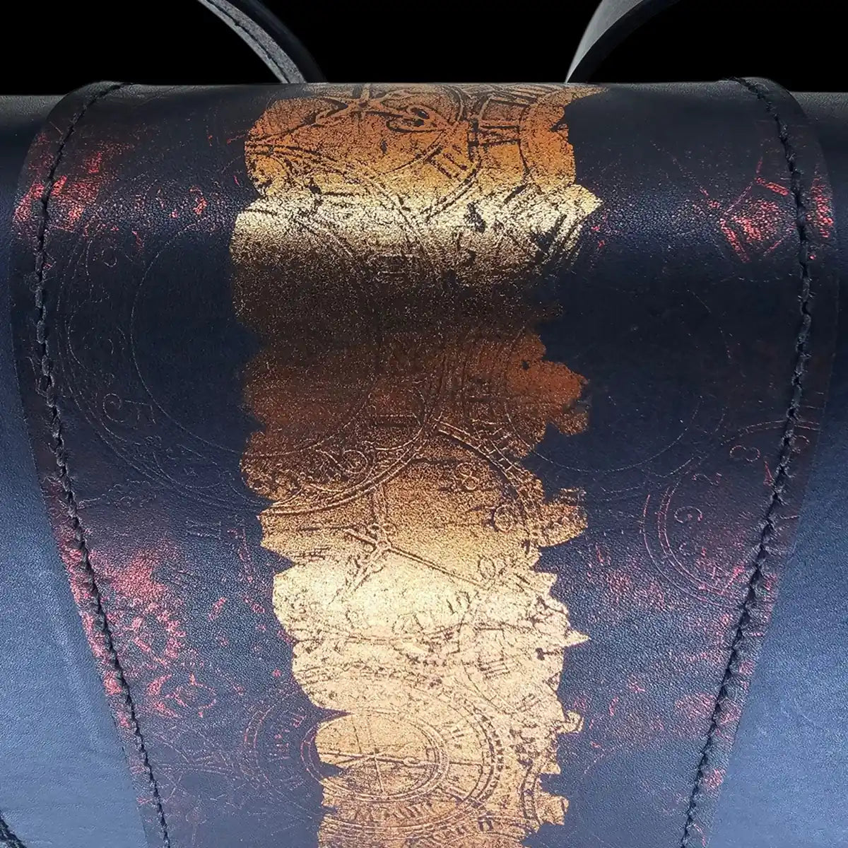 Handmade black leather shoulder bag with a red and gold clock mechanism embossed by heat and pressure - AG Design, Arad, Romania