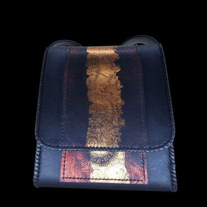 Handmade black leather shoulder bag with a red and gold clock mechanism embossed by heat and pressure - AG Design, Arad, Romania