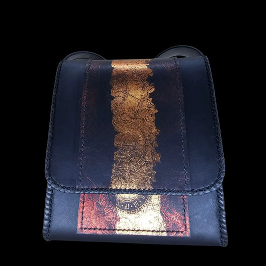 Handmade black leather shoulder bag with a red and gold clock mechanism embossed by heat and pressure - AG Design, Arad, Romania