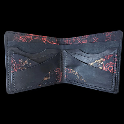 Handmade black leather wallet with an embossed clockwork pattern, sized for the new ID-card format - AG Design, Arad, Romania