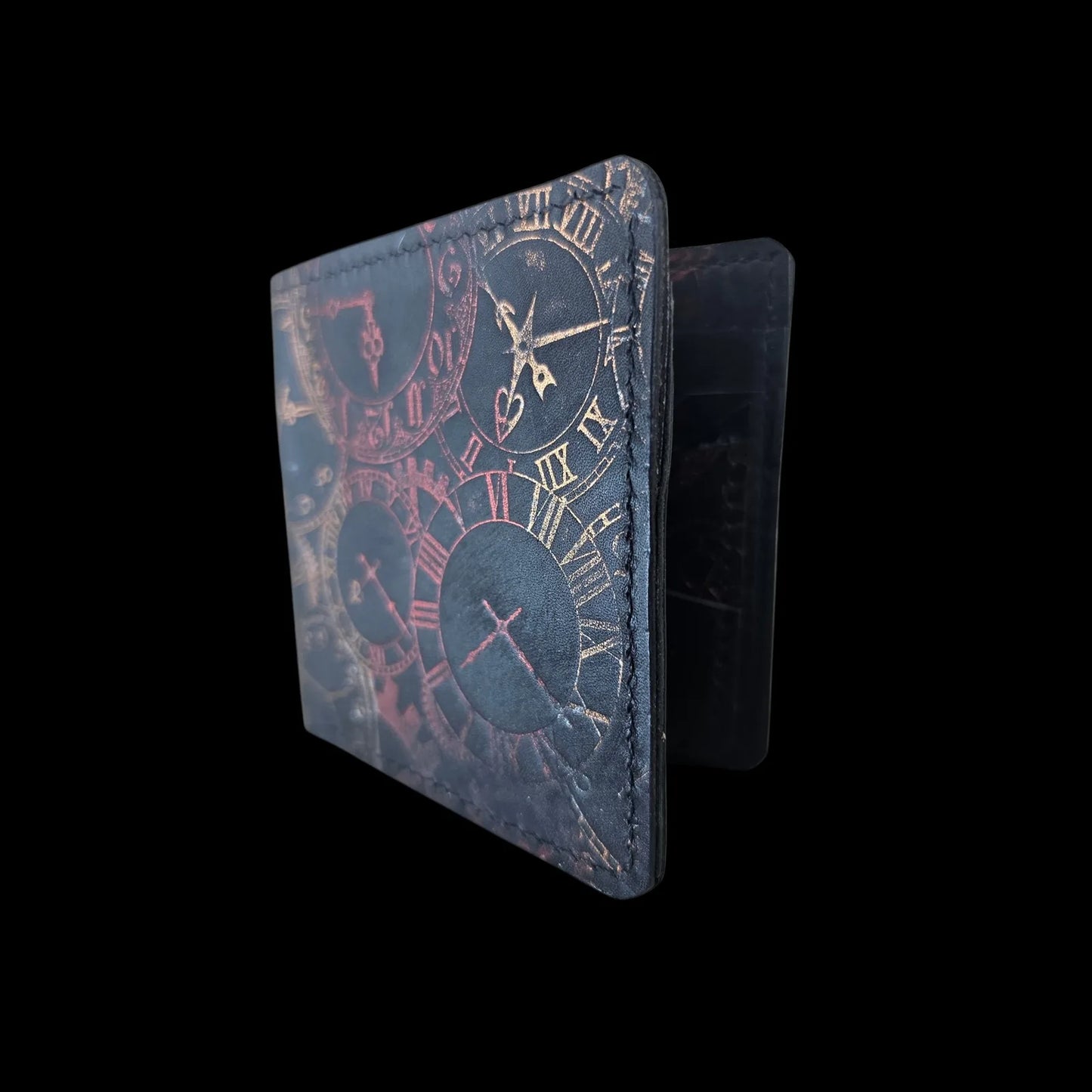 Handmade black leather wallet with an embossed clockwork pattern, sized for the new ID-card format - AG Design, Arad, Romania