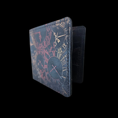 Handmade black leather wallet with an embossed clockwork pattern, sized for the new ID-card format - AG Design, Arad, Romania