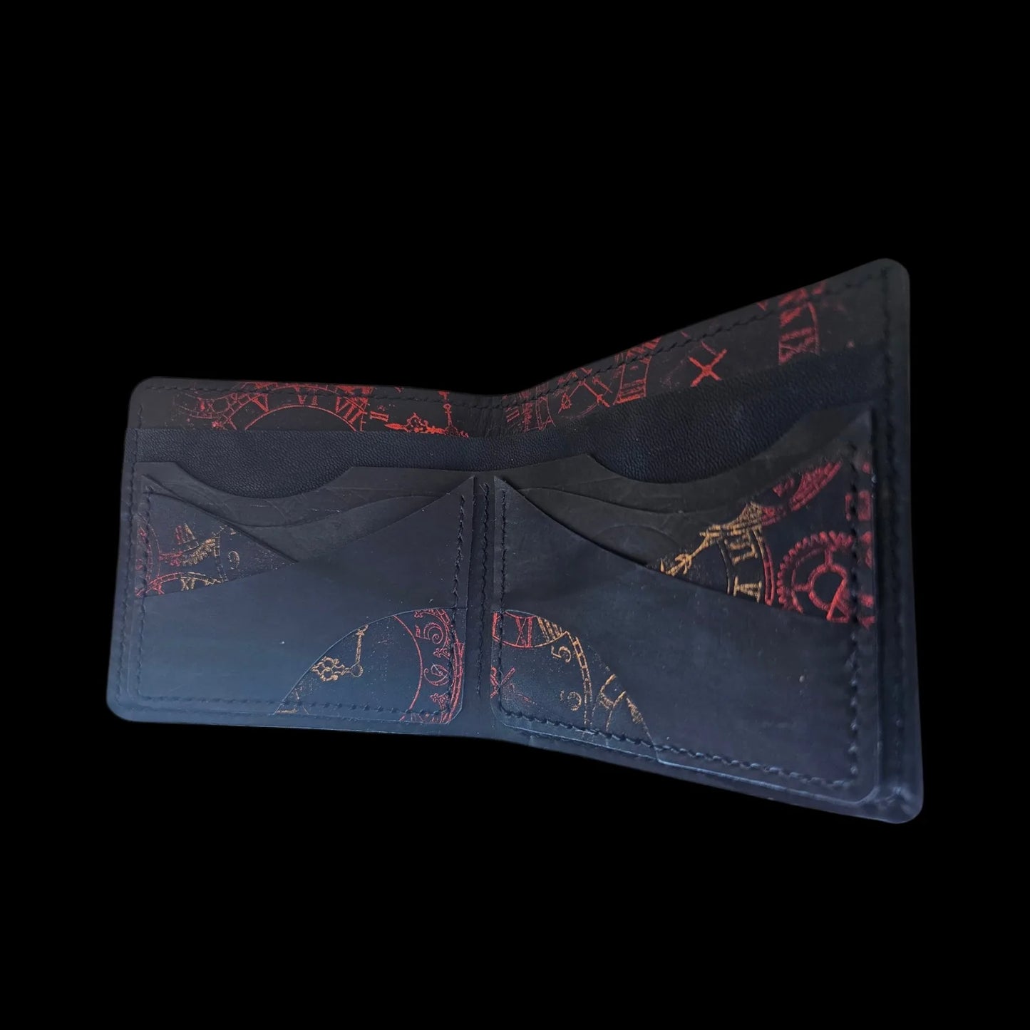 Handmade black leather wallet with an embossed clockwork pattern, sized for the new ID-card format - AG Design, Arad, Romania