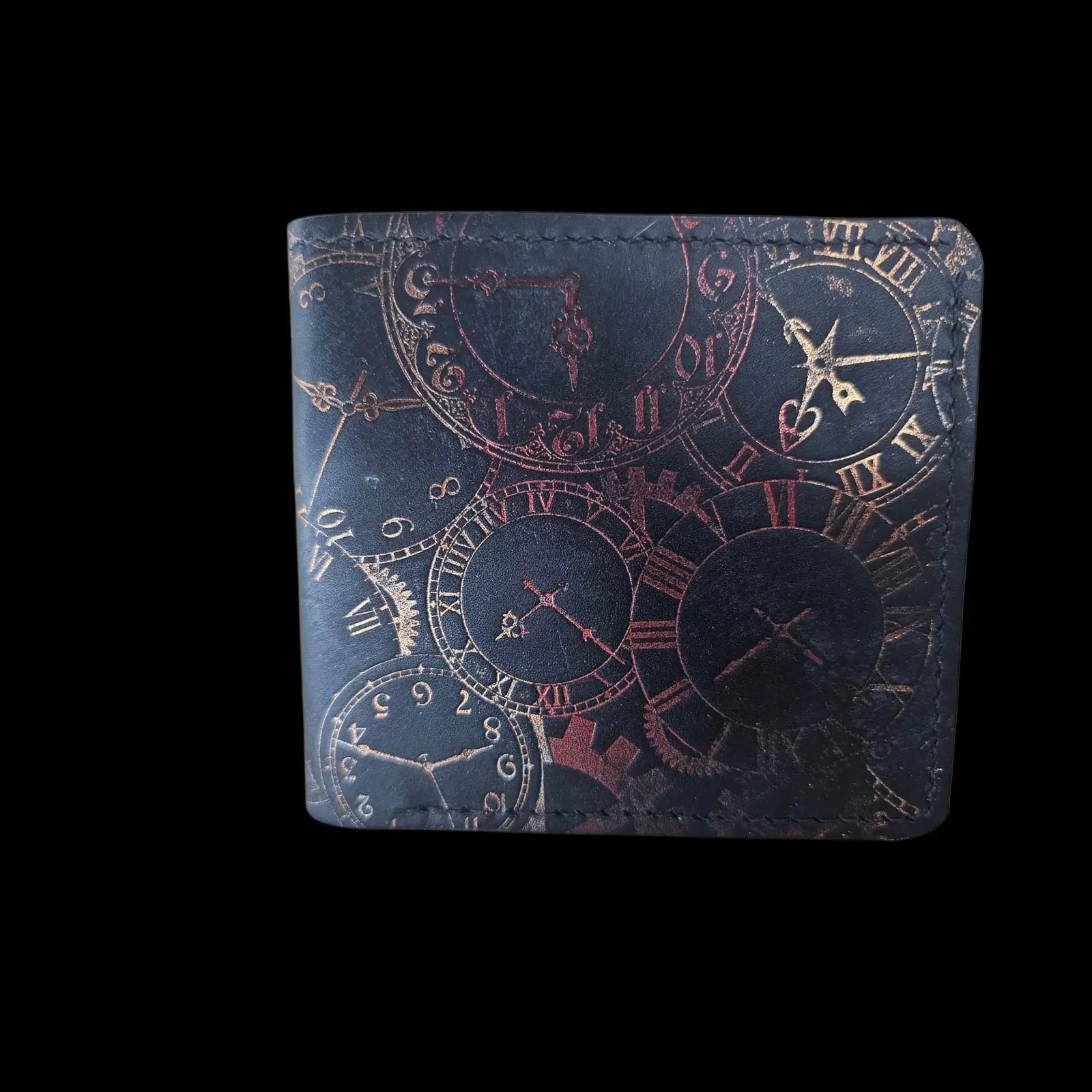 Handmade black leather wallet with an embossed clockwork pattern, sized for the new ID-card format - AG Design, Arad, Romania