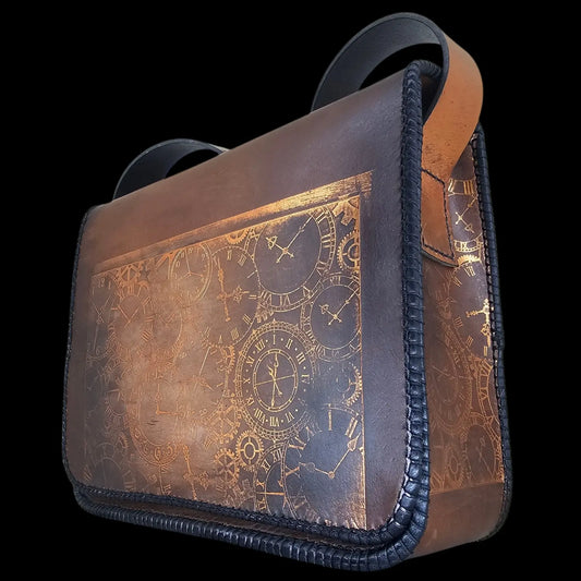 Handmade brown leather shoulder bag with an embossed clockwork mechanism of dials and gears - AG Design, Arad, Romania