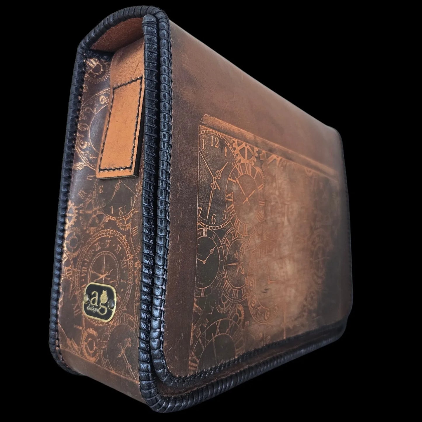 Handmade brown leather shoulder bag with an embossed clockwork mechanism of dials and gears - AG Design, Arad, Romania
