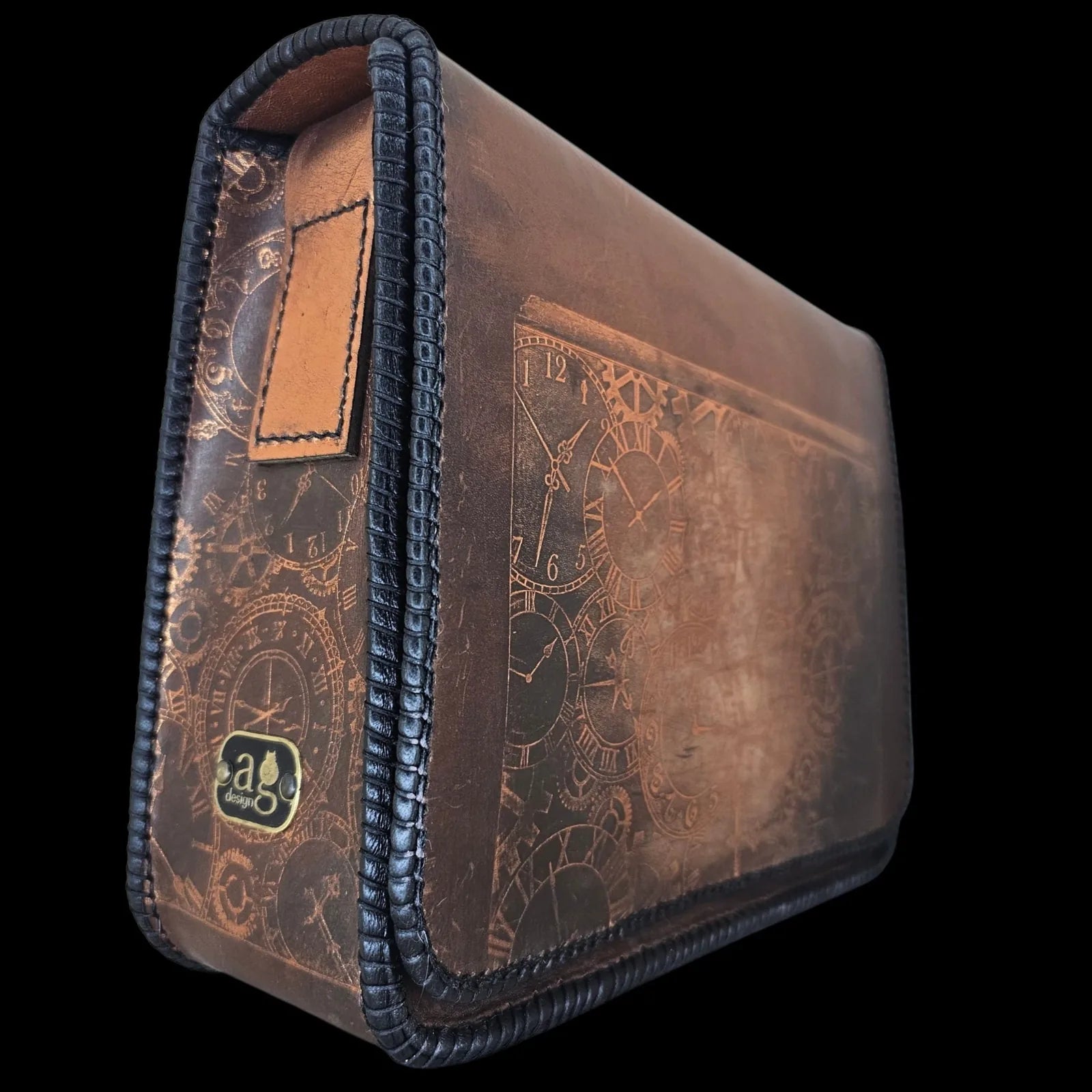 Handmade brown leather shoulder bag with an embossed clockwork mechanism of dials and gears - AG Design, Arad, Romania