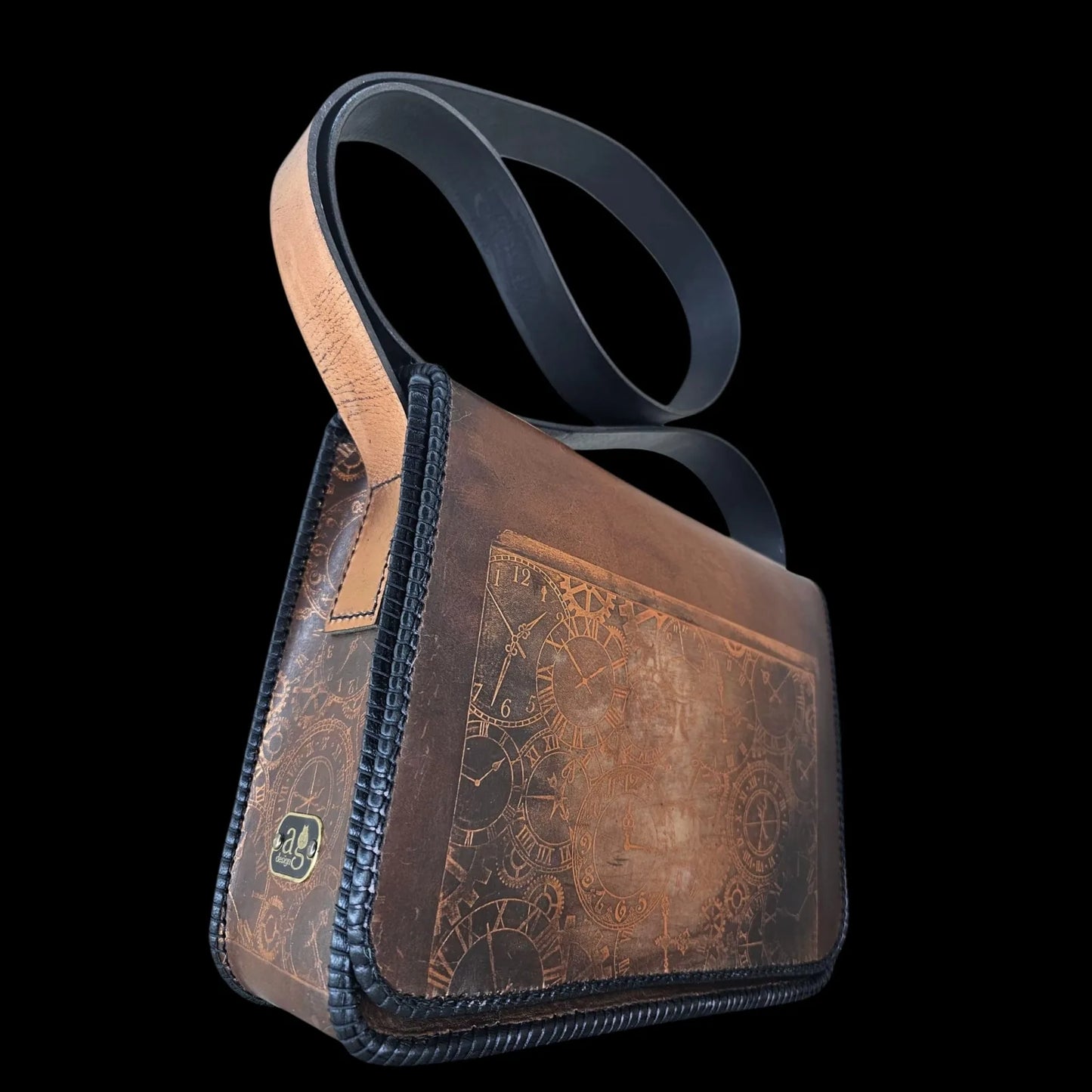 Handmade brown leather shoulder bag with an embossed clockwork mechanism of dials and gears - AG Design, Arad, Romania