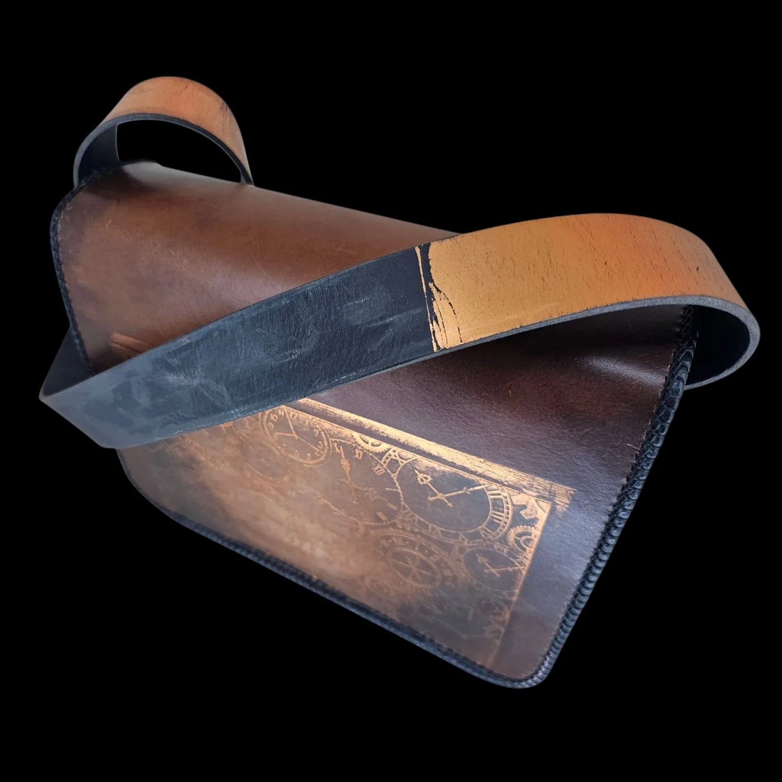 Handmade brown leather shoulder bag with an embossed clockwork mechanism of dials and gears - AG Design, Arad, Romania