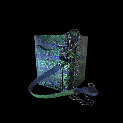 Handmade black leather wallet with an embossed pattern of gears and clock faces in green and violet, with a chain - AG Design, Arad, Romania