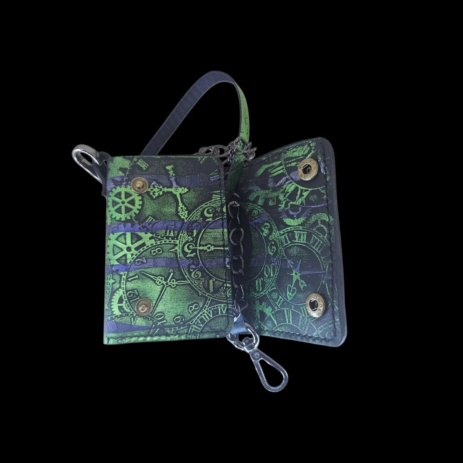 Handmade black leather wallet with an embossed pattern of gears and clock faces in green and violet, with a chain - AG Design, Arad, Romania
