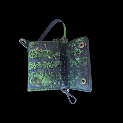 Handmade black leather wallet with an embossed pattern of gears and clock faces in green and violet, with a chain - AG Design, Arad, Romania
