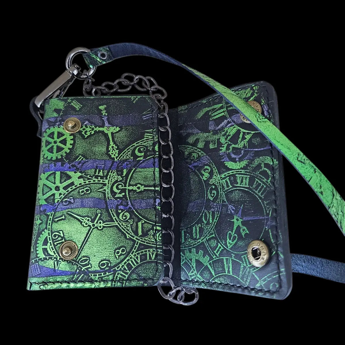 Handmade black leather wallet with an embossed pattern of gears and clock faces in green and violet, with a chain - AG Design, Arad, Romania