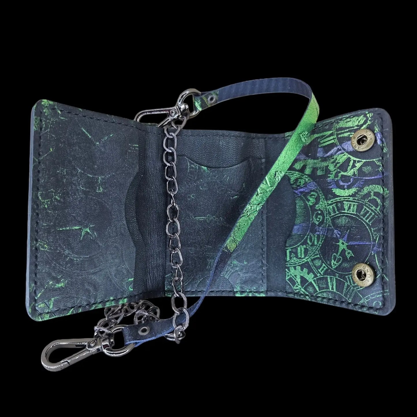 Handmade black leather wallet with an embossed pattern of gears and clock faces in green and violet, with a chain - AG Design, Arad, Romania