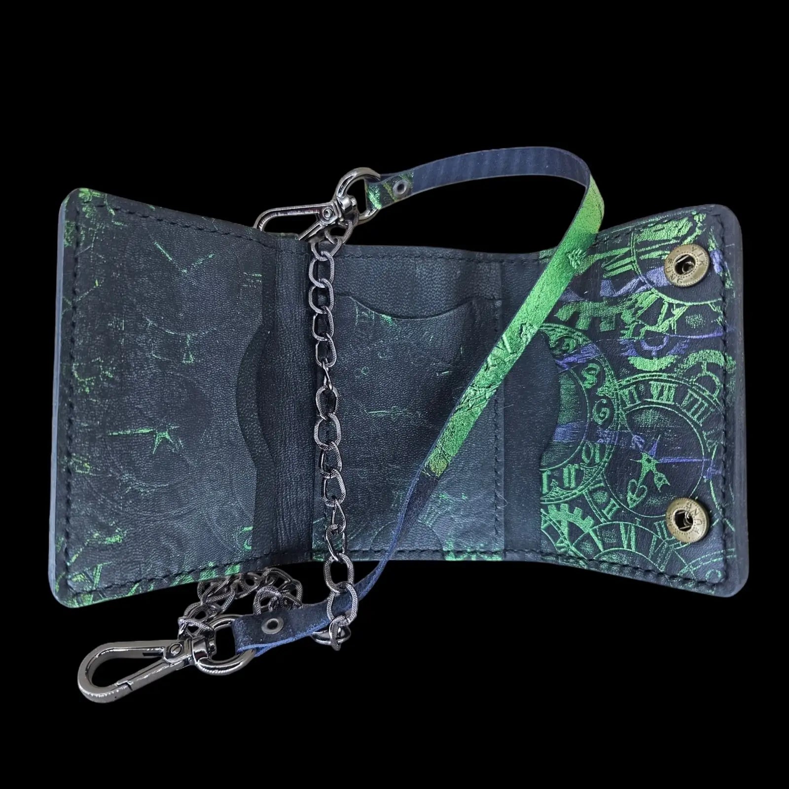Handmade black leather wallet with an embossed pattern of gears and clock faces in green and violet, with a chain - AG Design, Arad, Romania