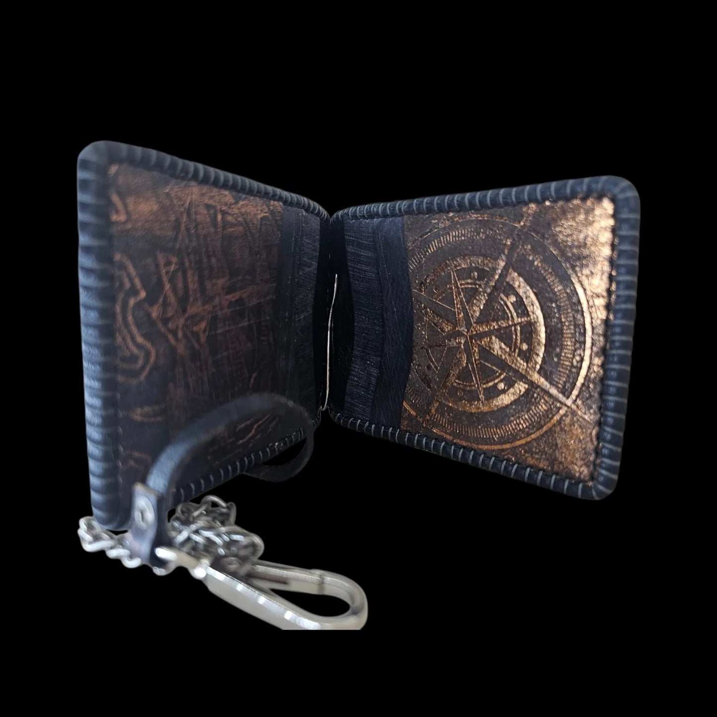 Handmade black leather wallet with a compact money clip with an embossed vintage compass - AG Design, Arad, Romania
