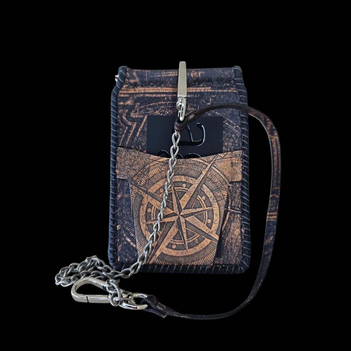 Handmade black leather wallet with a compact money clip with an embossed vintage compass - AG Design, Arad, Romania