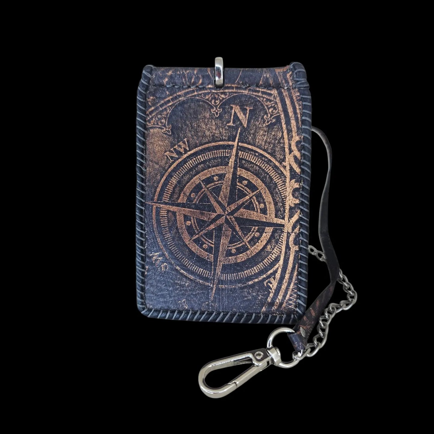 Handmade black leather wallet with a compact money clip with an embossed vintage compass - AG Design, Arad, Romania