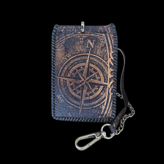 Handmade black leather wallet with a compact money clip with an embossed vintage compass - AG Design, Arad, Romania