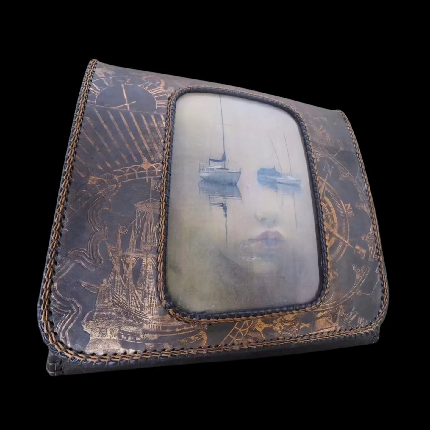 Handmade brown leather shoulder bag with an engraved compass and ship with gold patinated details - AG Design, Arad, Romania