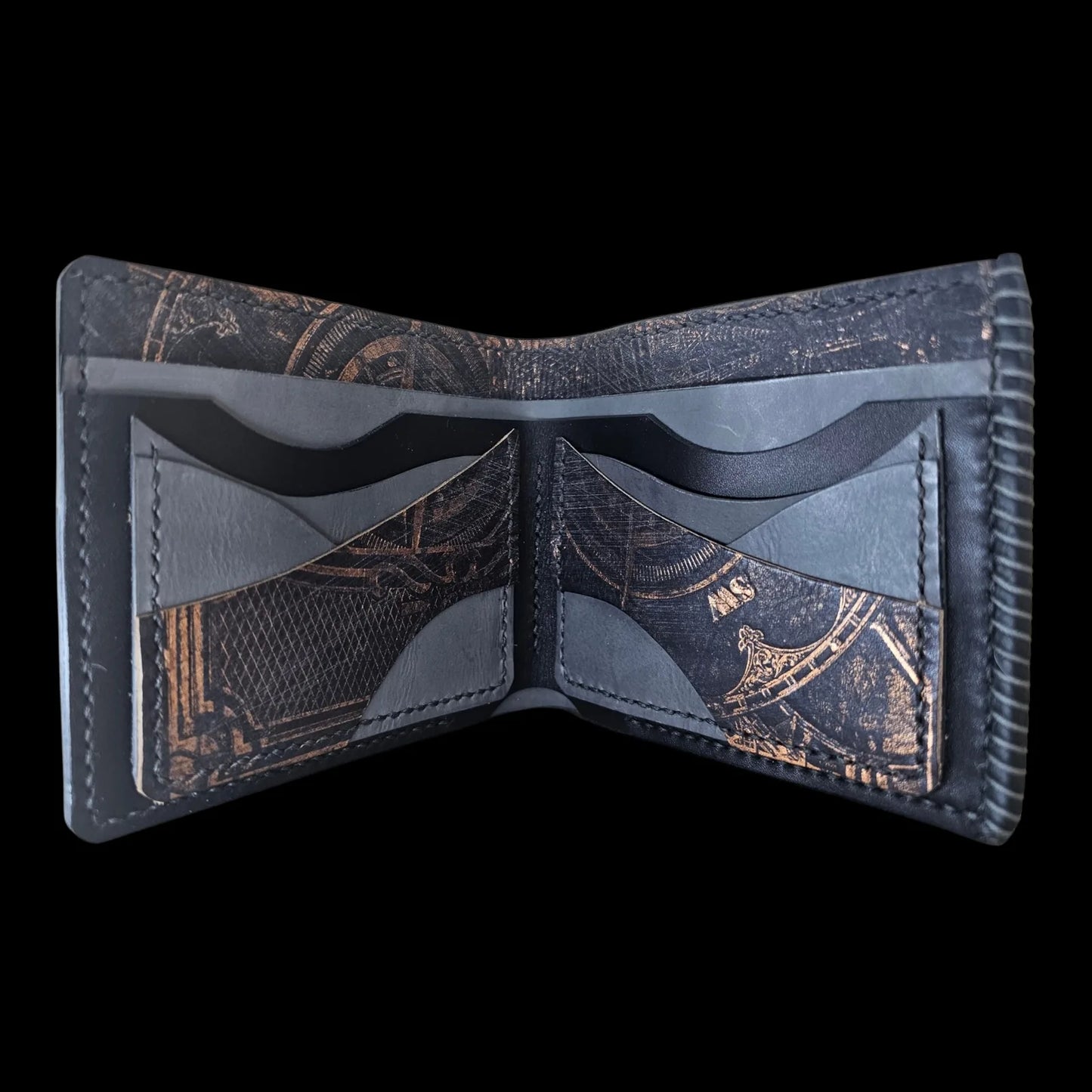 Handmade black leather wallet with an embossed vintage compass and astrolabe in patinated bronze - AG Design, Arad, Romania