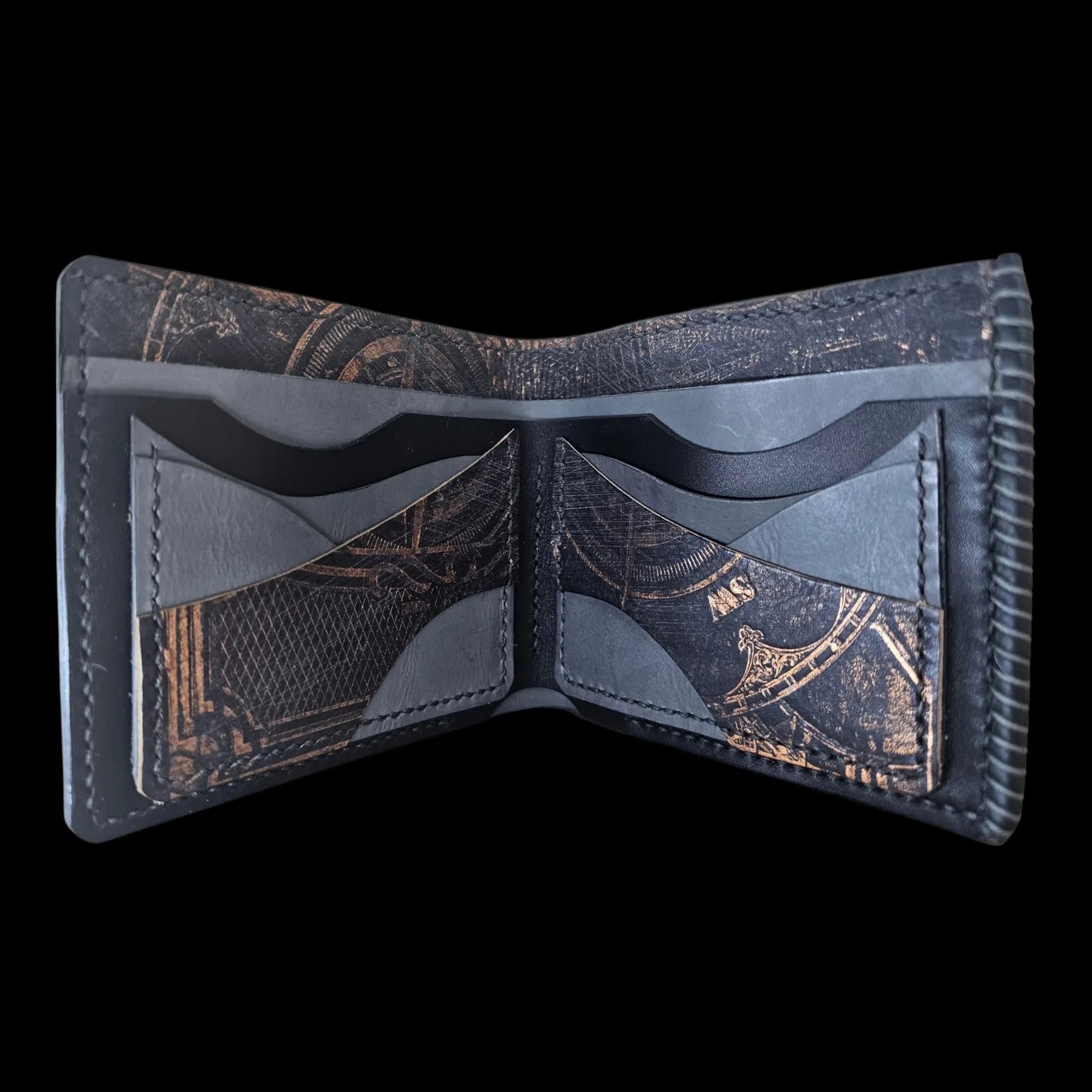 Handmade black leather wallet with an embossed vintage compass and astrolabe in patinated bronze - AG Design, Arad, Romania