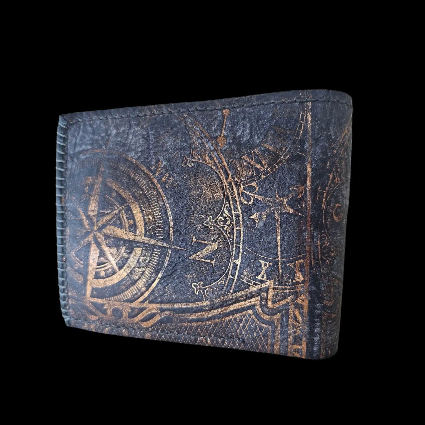 Handmade black leather wallet with an embossed vintage compass and astrolabe in patinated bronze - AG Design, Arad, Romania
