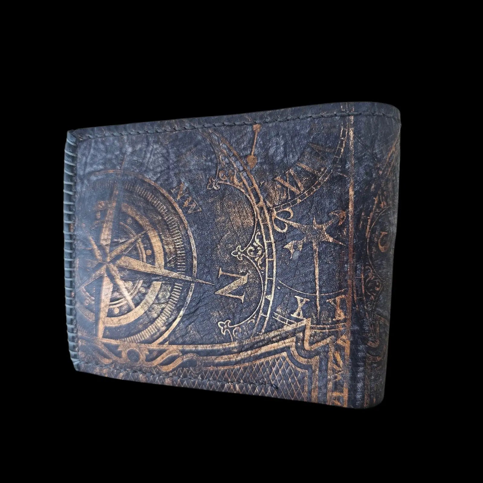 Handmade black leather wallet with an embossed vintage compass and astrolabe in patinated bronze - AG Design, Arad, Romania