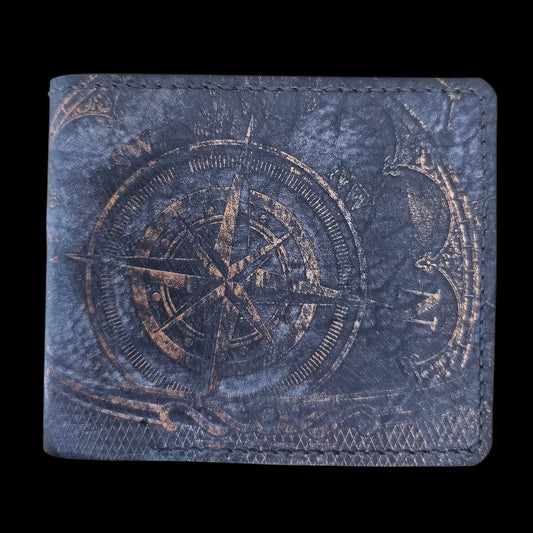 Handmade black leather wallet with an embossed vintage compass and astrolabe in patinated bronze - AG Design, Arad, Romania