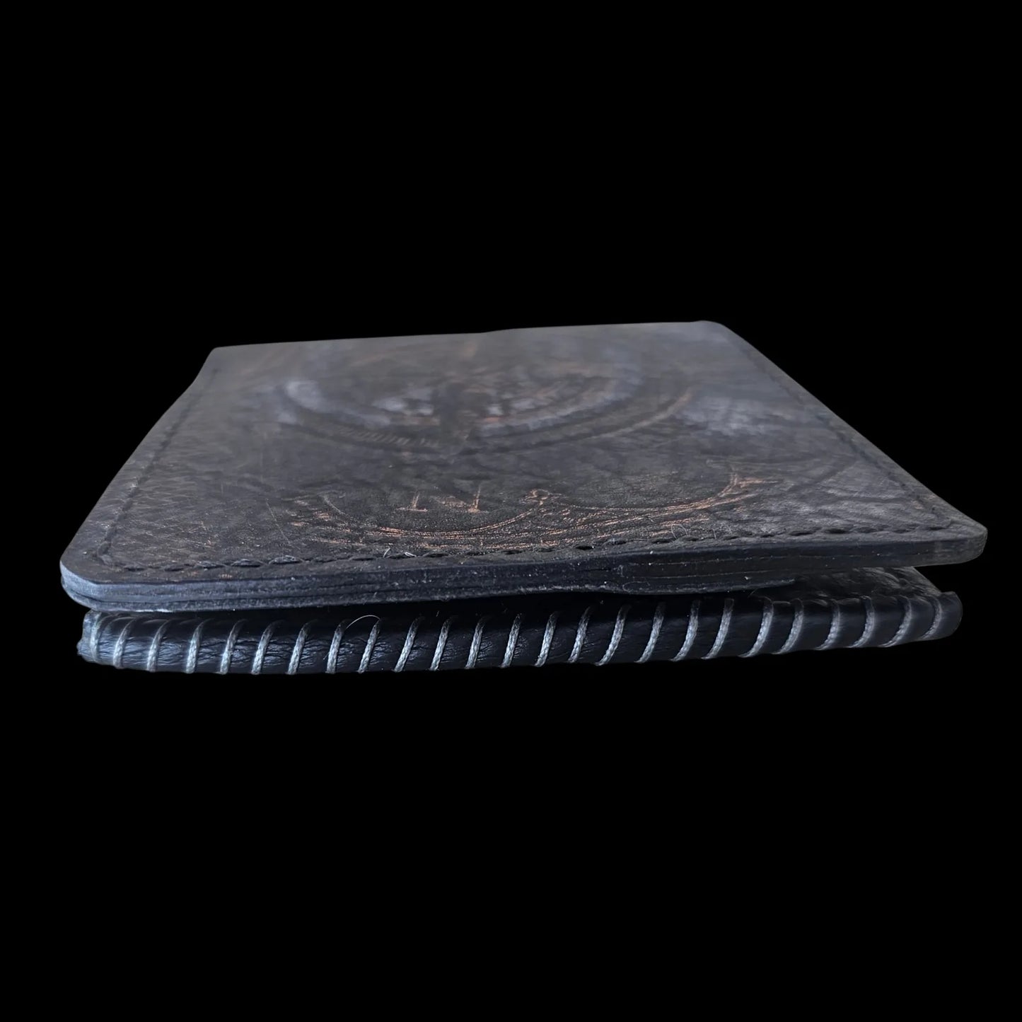 Handmade black leather wallet with an embossed vintage compass and astrolabe in patinated bronze - AG Design, Arad, Romania