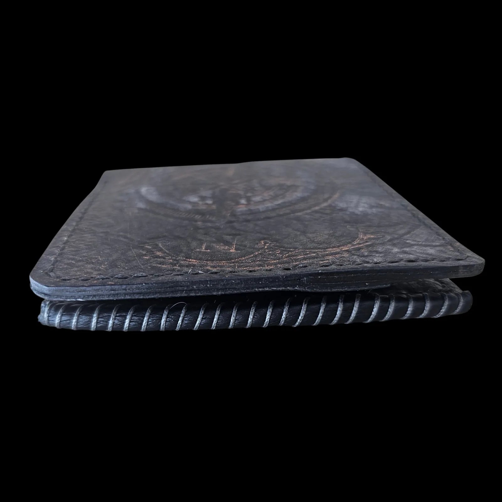 Handmade black leather wallet with an embossed vintage compass and astrolabe in patinated bronze - AG Design, Arad, Romania