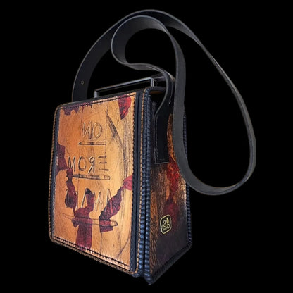 Handmade green leather shoulder bag with sculpted shining copper texture in green and royal blue - AG Design, Arad, Romania