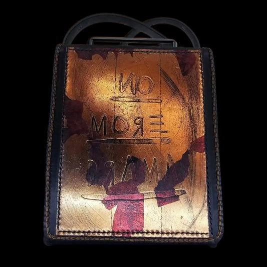 Handmade green leather shoulder bag with sculpted shining copper texture in green and royal blue - AG Design, Arad, Romania