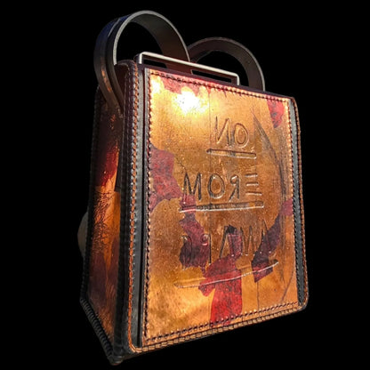 Handmade green leather shoulder bag with sculpted shining copper texture in green and royal blue - AG Design, Arad, Romania