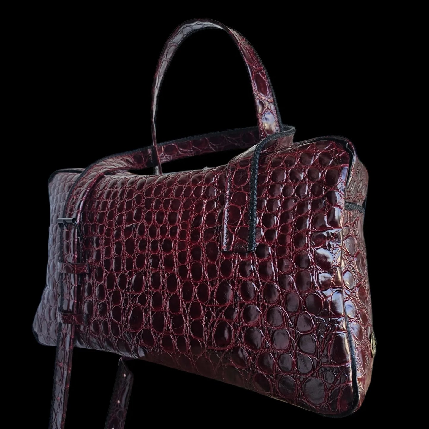 Handmade burgundy leather handbag with glossy burgundy crocodile-textured leather - AG Design, Arad, Romania