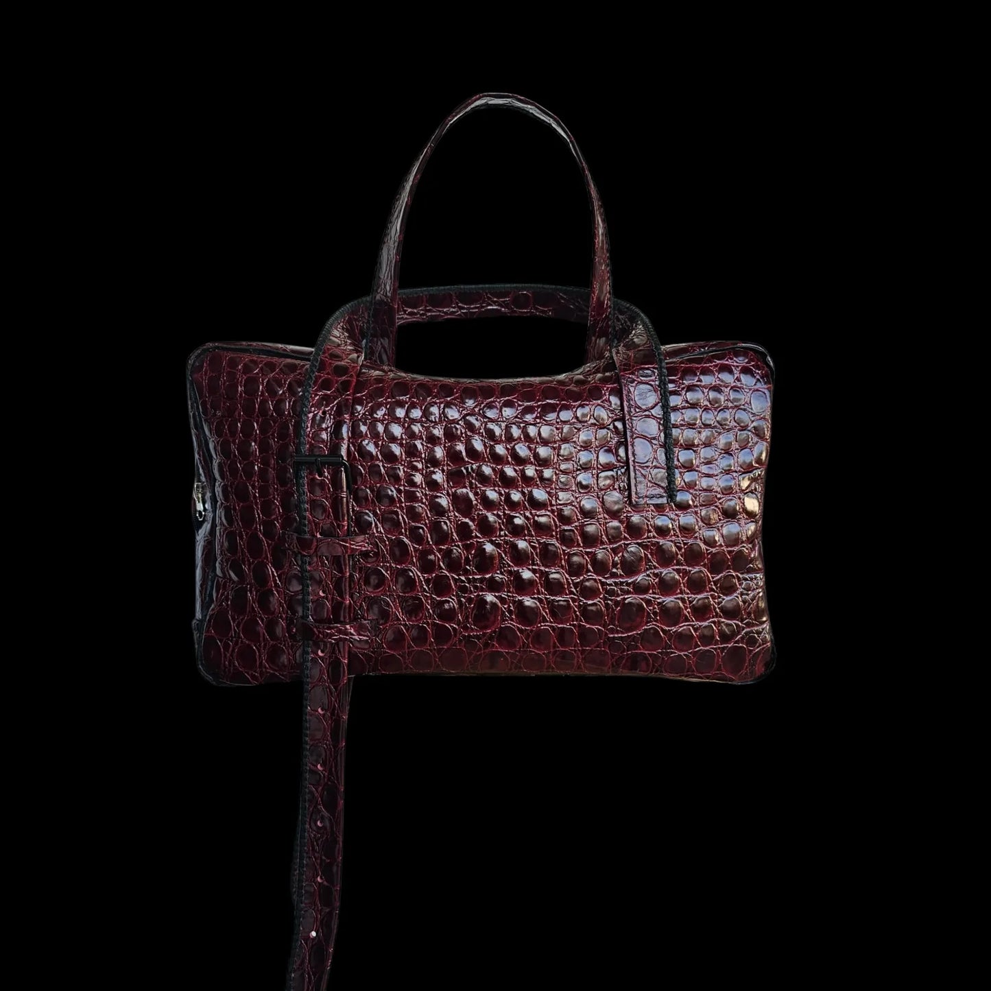 Handmade burgundy leather handbag with glossy burgundy crocodile-textured leather - AG Design, Arad, Romania