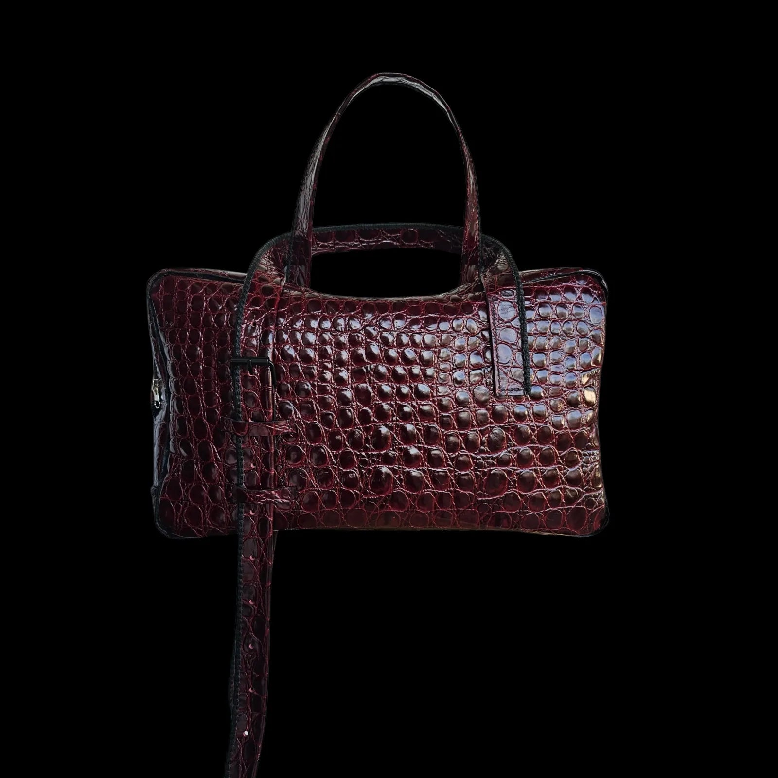 Handmade burgundy leather handbag with glossy burgundy crocodile-textured leather - AG Design, Arad, Romania