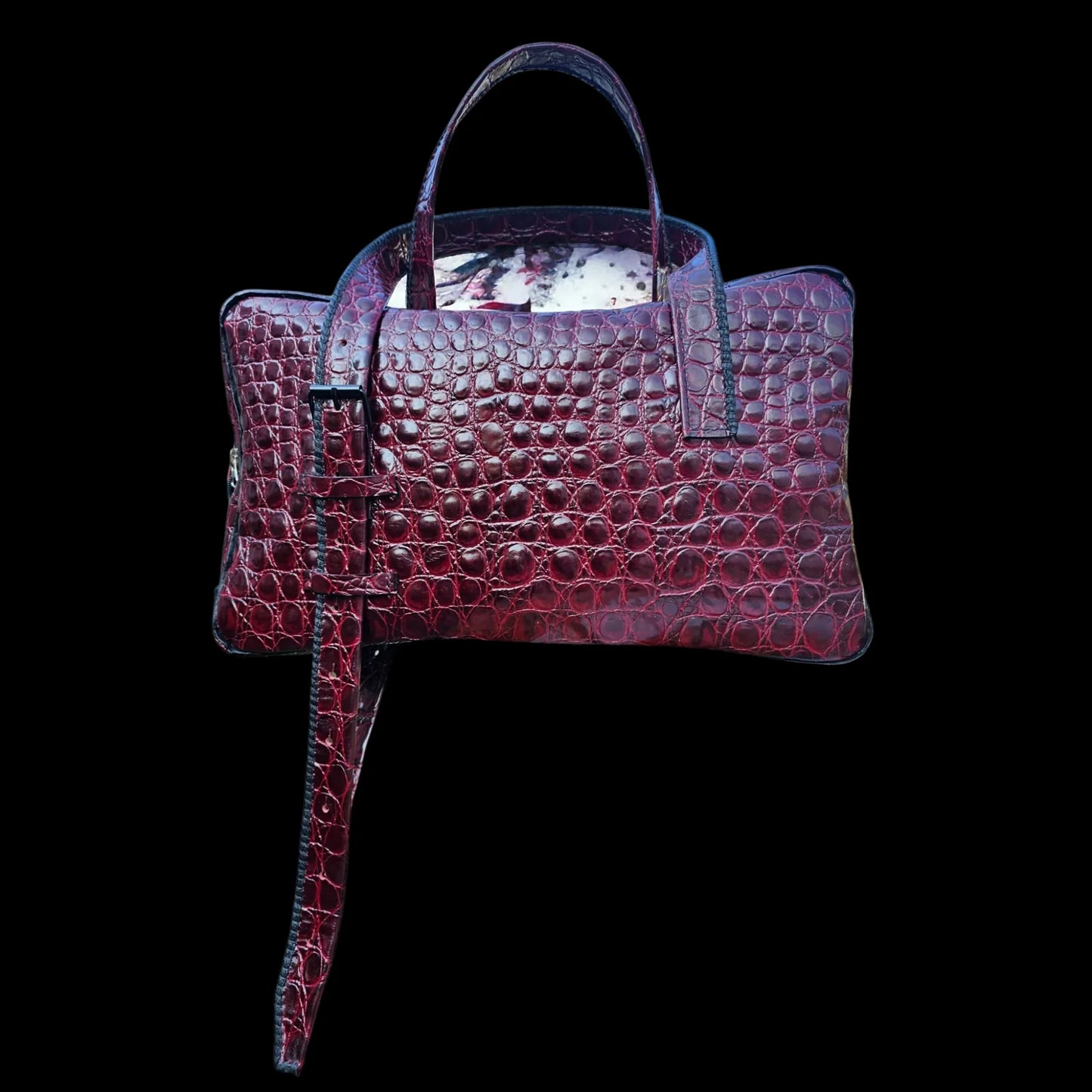 Handmade burgundy leather handbag with glossy burgundy crocodile-textured leather - AG Design, Arad, Romania