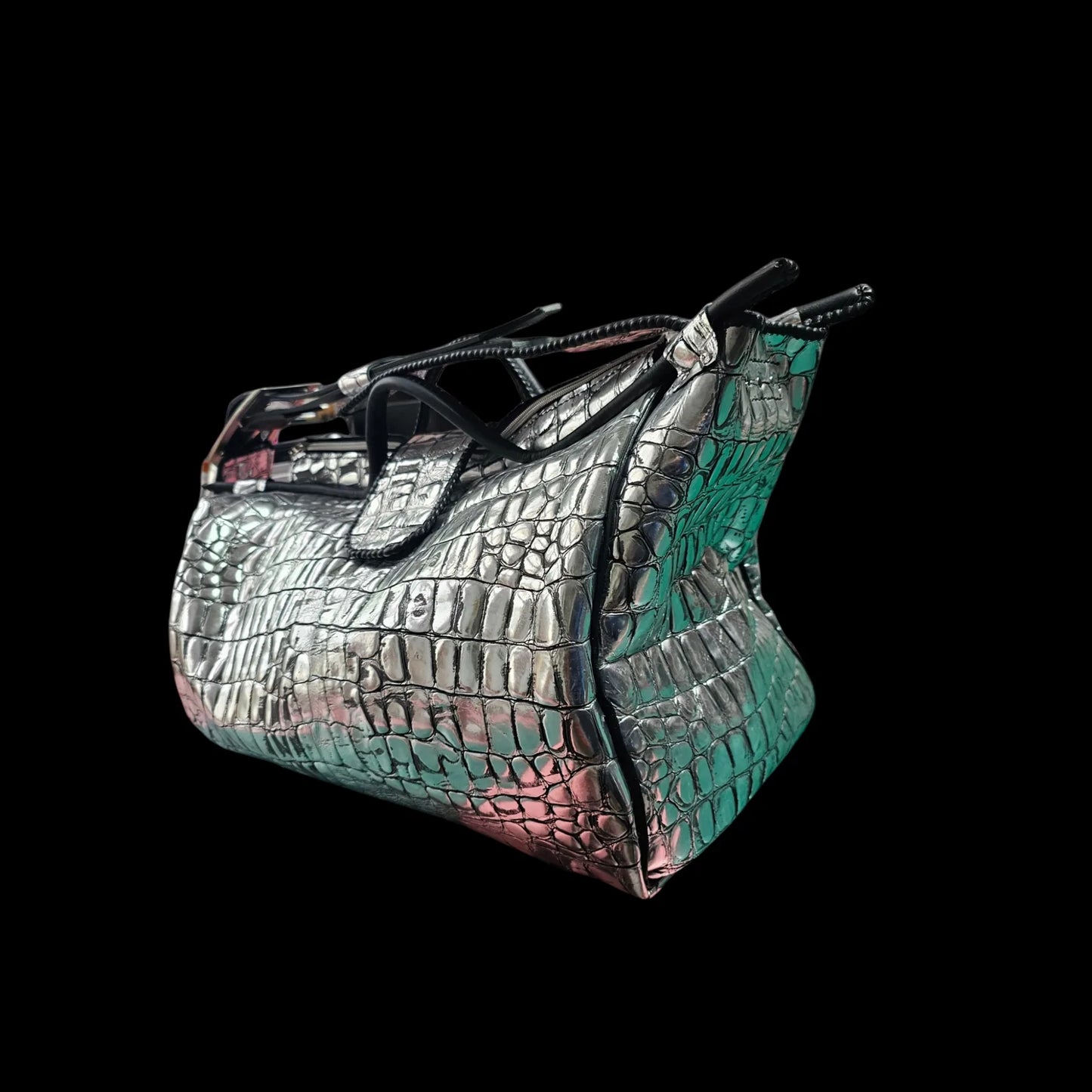 Handmade brown leather weekender bag with a sculpted crocodile-skin texture in a deep metallic tone - AG Design, Arad, Romania