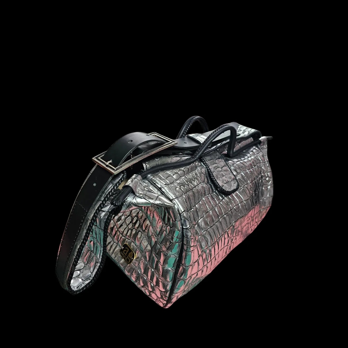 Handmade brown leather weekender bag with a sculpted crocodile-skin texture in a deep metallic tone - AG Design, Arad, Romania