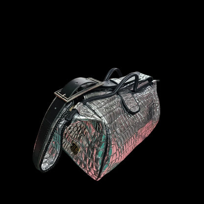 Handmade brown leather weekender bag with a sculpted crocodile-skin texture in a deep metallic tone - AG Design, Arad, Romania