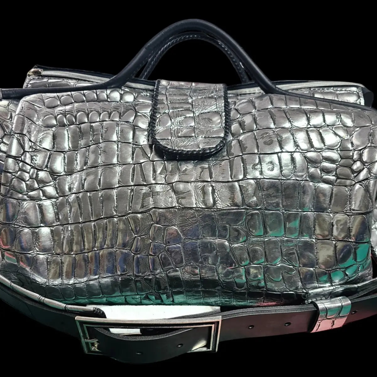 Handmade brown leather weekender bag with a sculpted crocodile-skin texture in a deep metallic tone - AG Design, Arad, Romania