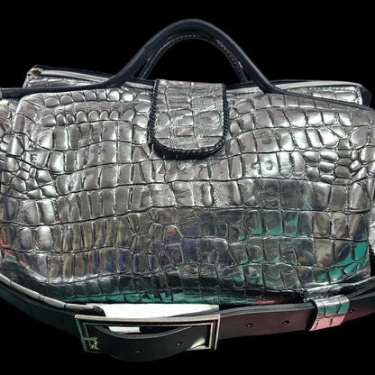 Handmade brown leather weekender bag with a sculpted crocodile-skin texture in a deep metallic tone - AG Design, Arad, Romania