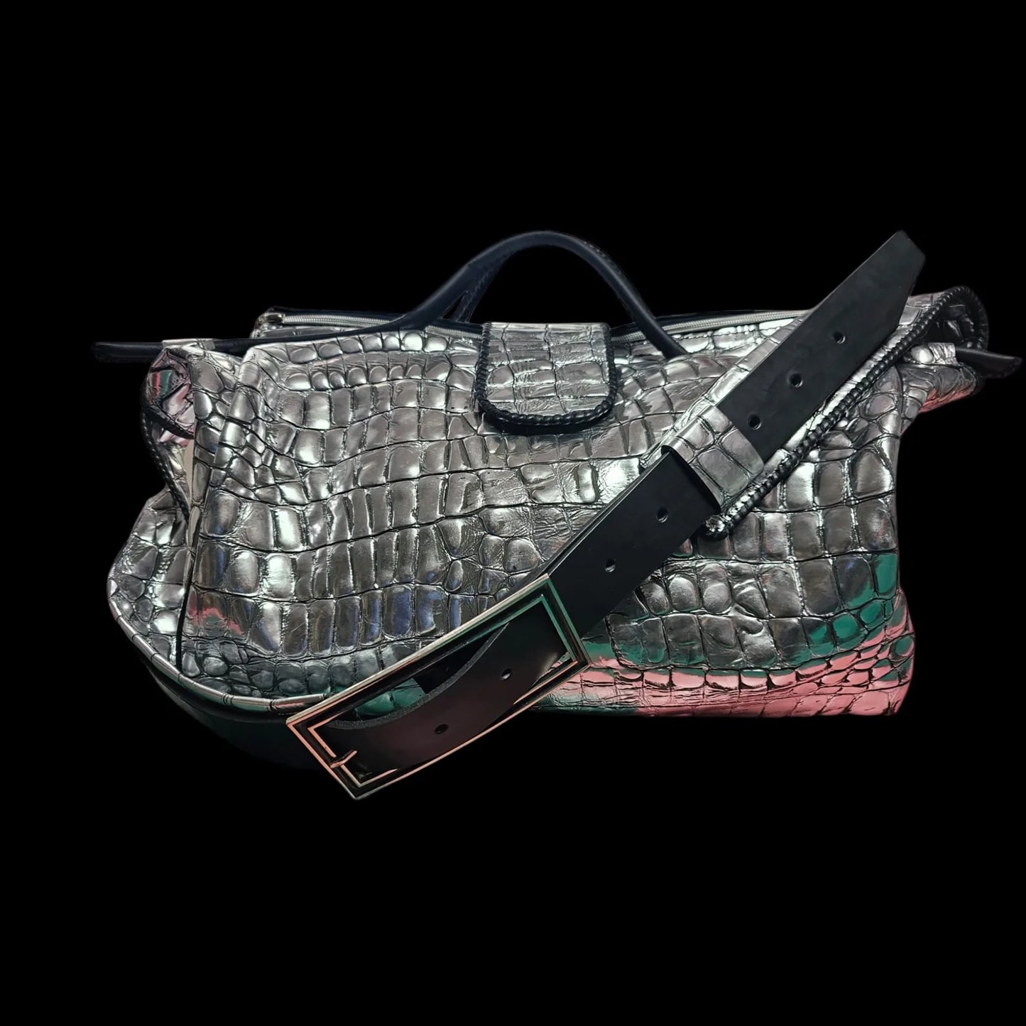 Handmade brown leather weekender bag with a sculpted crocodile-skin texture in a deep metallic tone - AG Design, Arad, Romania